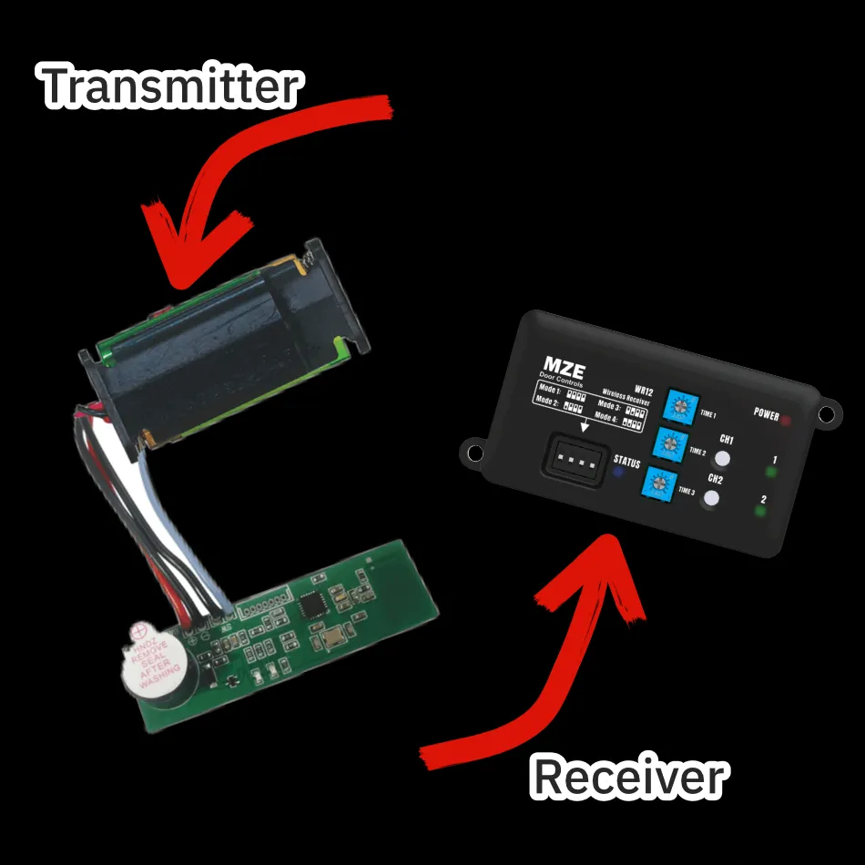 A transmitter and receiver from MZE Door Controls with red arrows pointing to them.
