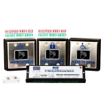 A row of three wave-to-open switches for a washroom, with a door controller in front with the MZE logo visible in blue text.