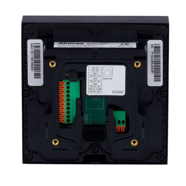 The back of Akuvox's A02S reader with a green wiring terminal for outputs to a door strike, and a smaller wiring terminal for 12V DC power.