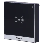 An access control terminal made from toughened glass with a card reader icon in the center