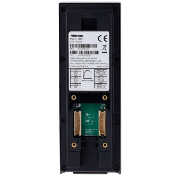 The back of Akuvox's A08K access control terminal, with a label at the top for model number, MAC address, and serial number. Underneath that is a wiring diagram, and even further underneath are the wiring terminal and Ethernet port