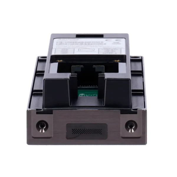 The bottom of Akuvox's A08K access control terminal, with a speaker at the bottom and an Ethernet port in the center