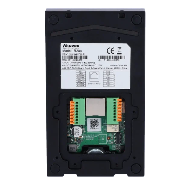 The back of Akuvox's R20A intercom, showing an exposed circuit board along the bottom, as well as a label with serial number and MAC address near the top.