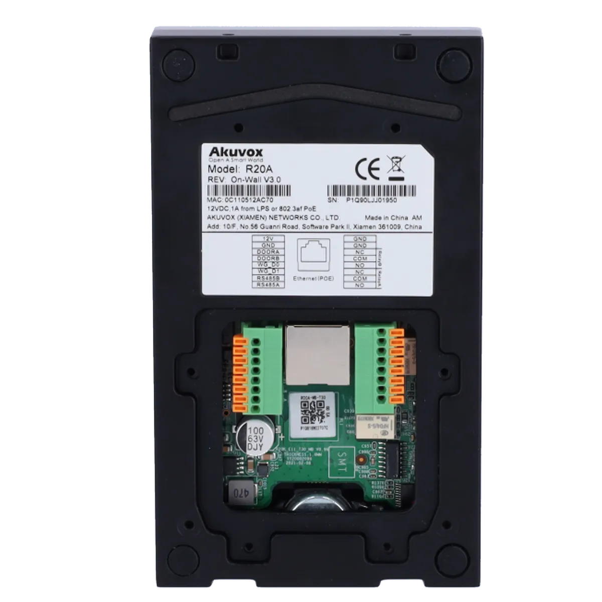 The back of Akuvox's R20A intercom, showing an exposed circuit board along the bottom, as well as a label with serial number and MAC address near the top.