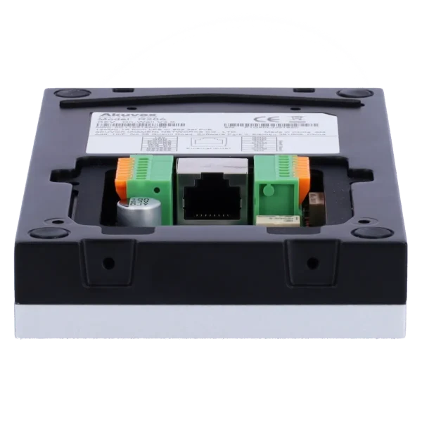 The bottom of Akuvox's R20A video intercom, showing two green input terminals and an Ethernet port in the center
