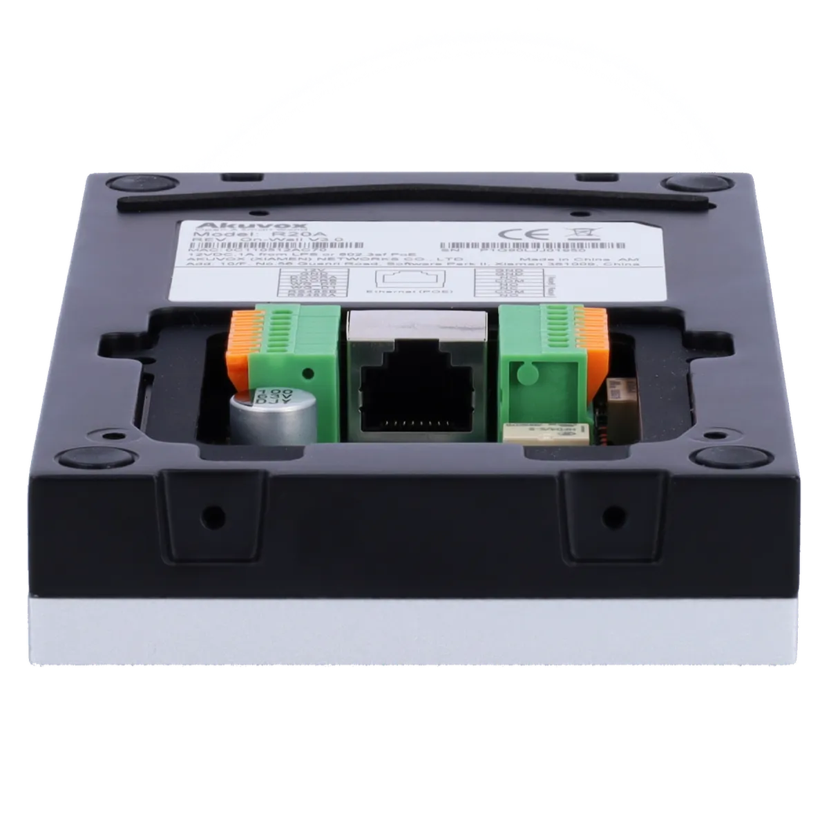 The bottom of Akuvox's R20A video intercom, showing two green input terminals and an Ethernet port in the center