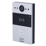 A video intercom made by Akuvox with a grey metal body, a camera, and two-way audio