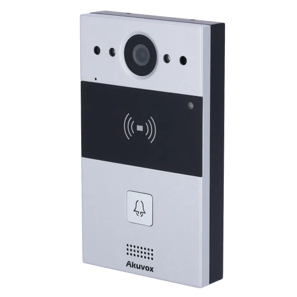 A video intercom made by Akuvox with a grey metal body, a camera, and two-way audio