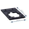 A black mounting bracket for Akuvox's R20A intercom, with arrows showing a bottom width of 85mm and side length of 142mm