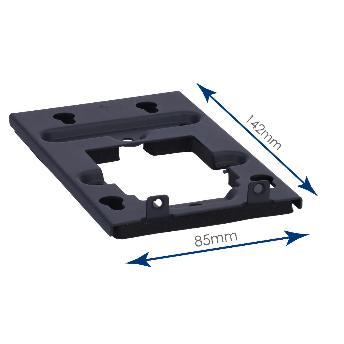 A black mounting bracket for Akuvox's R20A intercom, with arrows showing a bottom width of 85mm and side length of 142mm