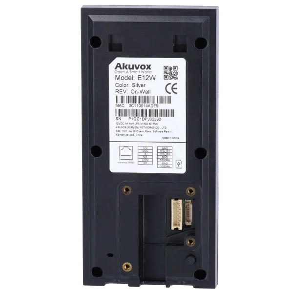 The back of an Akuvox E12 video intercom, showing the connections and ethernet port