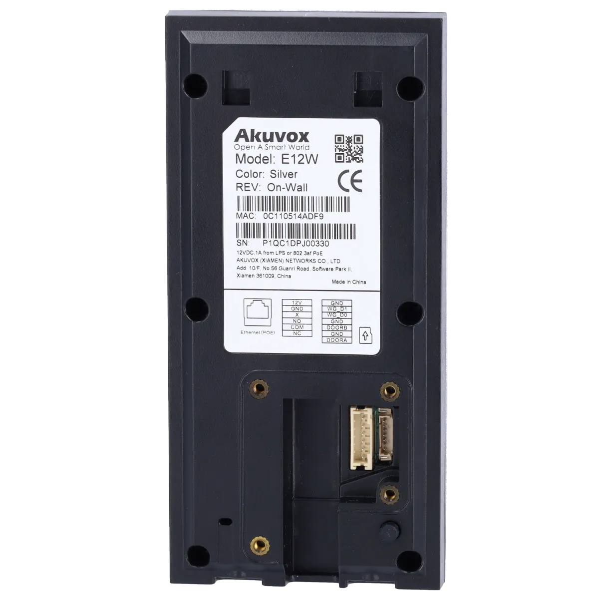 The back of an Akuvox E12 video intercom, showing the connections and ethernet port