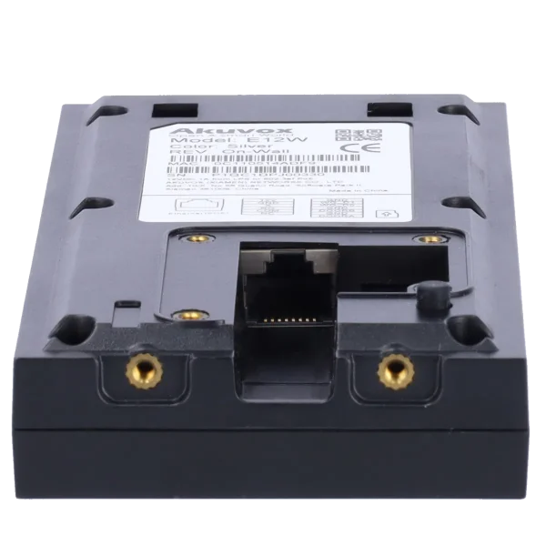 The bottom of an Akuvox E12 video intercom, with an Ethernet port and two screws for wall mounting