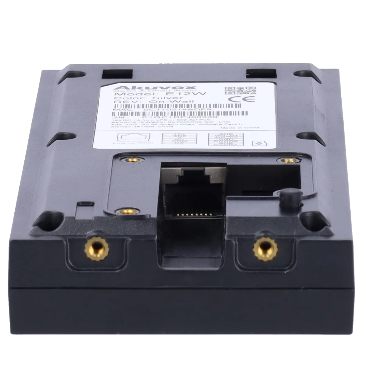 The bottom of an Akuvox E12 video intercom, with an Ethernet port and two screws for wall mounting