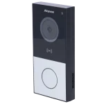Akuvox E12 video intercom with a single push button at the bottom center, and a camera lens at the top center