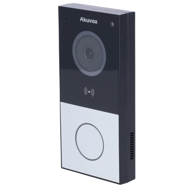Akuvox E12 video intercom with a single push button at the bottom center, and a camera lens at the top center