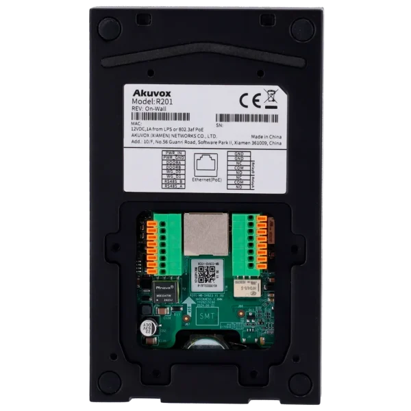 The back of Akuvox's R25A video intercom, showing two terminal blocks with relay outputs and an Ethernet port in the center