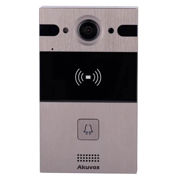 A metal intercom made by Akuvox with a 4MP camera and two-way audio