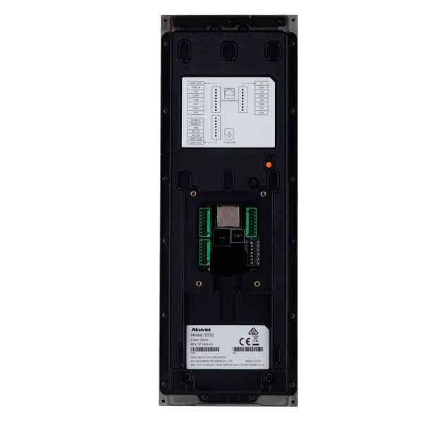 The back of Akuvox's S532 video intercom with a wiring diagram label at the top half, and a label with the MAC address and serial number at the bottom