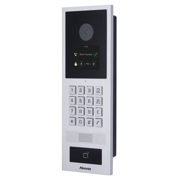 A video intercom by Akuvox with a silver body, metal keypad, and a card reader at the bottom