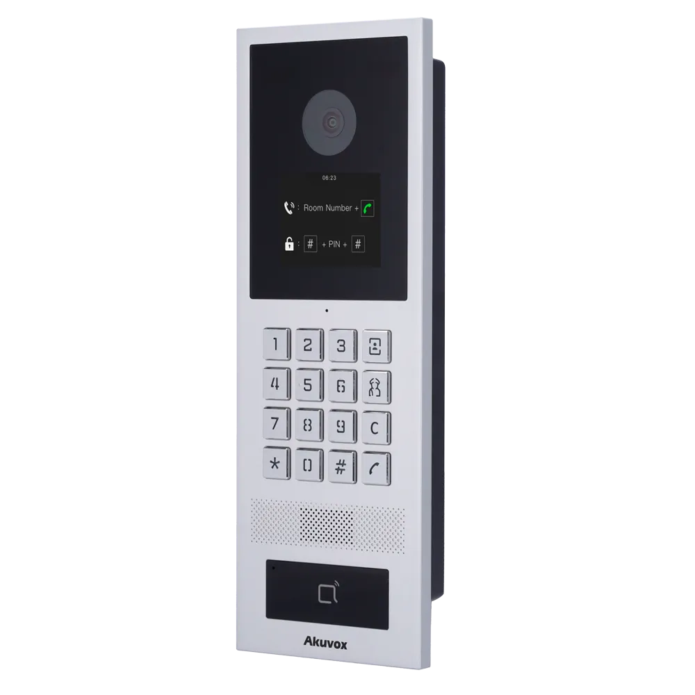 A video intercom by Akuvox with a silver body, metal keypad, and a card reader at the bottom
