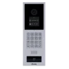 A silver video intercom with the Akuvox logo at the bottom, and a metal touchpad in the center for dialing apartments