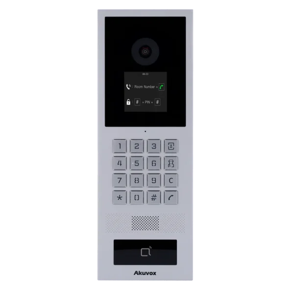 A silver video intercom with the Akuvox logo at the bottom, and a metal touchpad in the center for dialing apartments