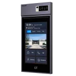 A sleek video intercom designed by Akuvox with triple cameras at the upper right corner and a large 10-inch touchscreen in the center