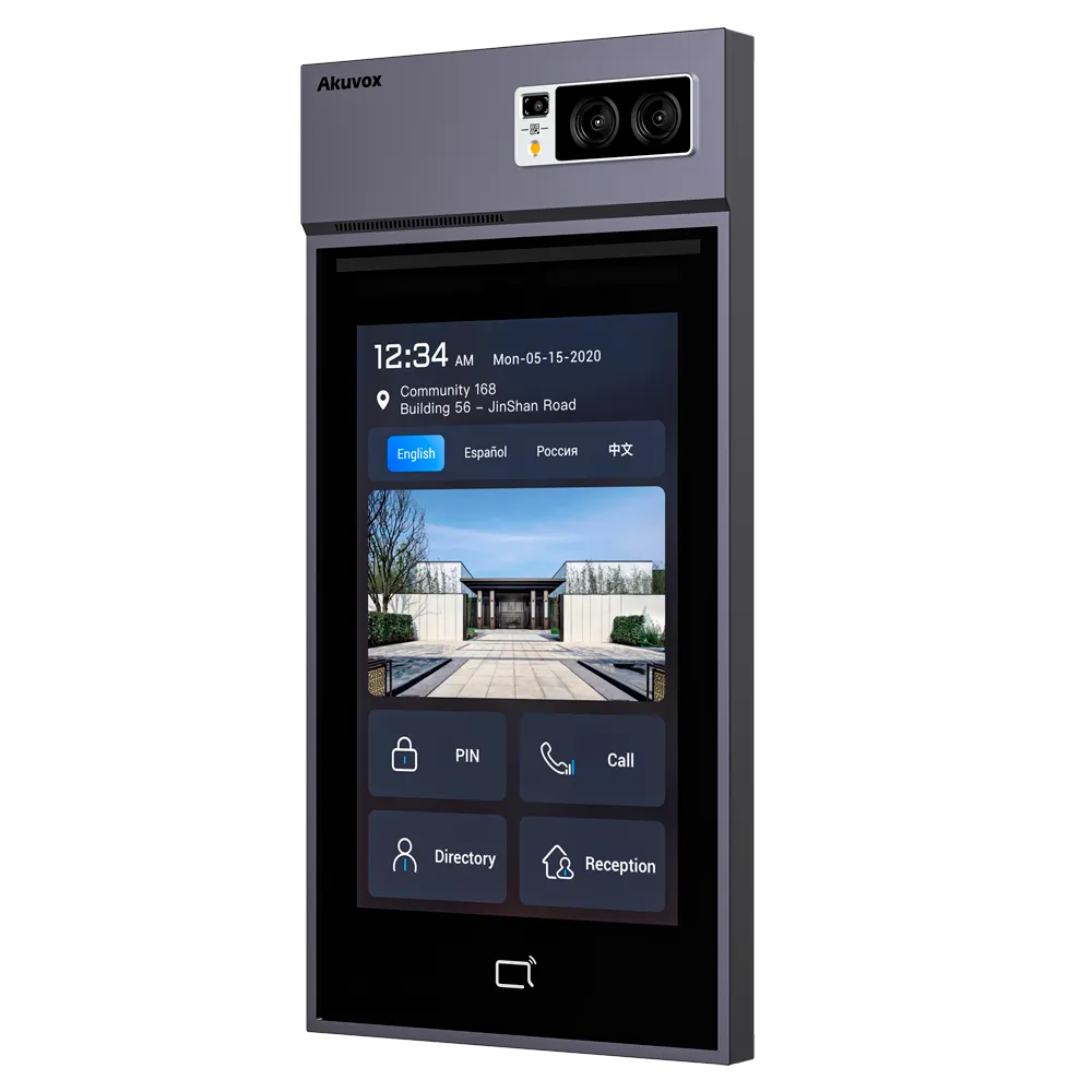 A sleek video intercom designed by Akuvox with triple cameras at the upper right corner and a large 10-inch touchscreen in the center