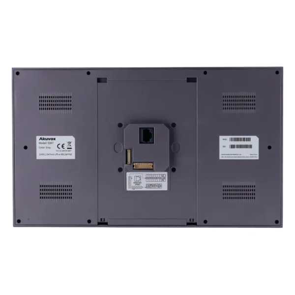The back of Akuvox's S567 indoor monitor with an Ethernet port in the centre, and a label with MAC address and serial number on the right side