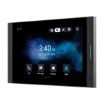 A 10-inch touchscreen tablet with time and date displayed in the centre, as well as four icons at the bottom for calling, messaging, monitoring cameras, and toggling do-not-disturb mode