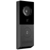 An Akuvox metal intercom with a single push button and a downwards facing camera for package detection, as viewed from the front-left.