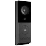 An Akuvox metal intercom with a single push button and a downwards facing camera for package detection, as viewed from the front-left.