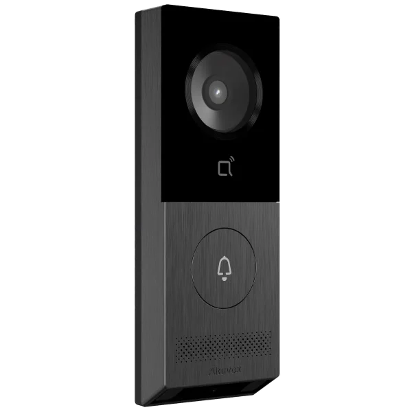 An Akuvox metal intercom with a single push button and a downwards facing camera for package detection, as viewed from the front-left.