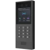 A grey metal intercom made by Akuvox with a physical keypad and vandal-resistant body