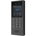 A grey metal intercom made by Akuvox with a physical keypad and vandal-resistant body