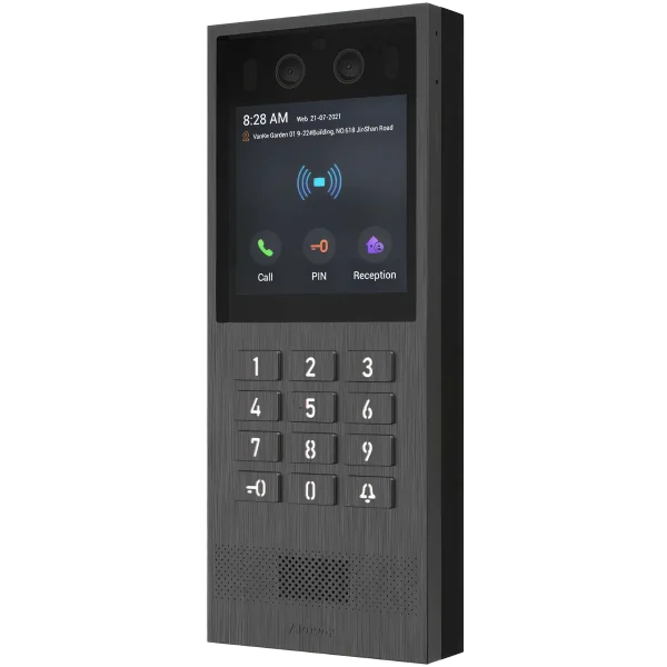 A grey metal intercom made by Akuvox with a physical keypad and vandal-resistant body