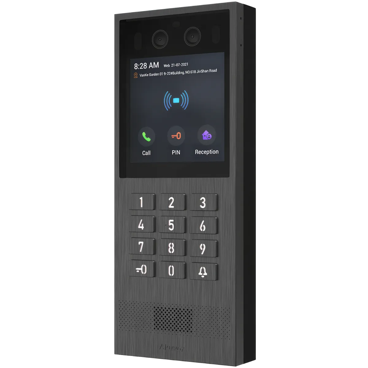 A grey metal intercom made by Akuvox with a physical keypad and vandal-resistant body