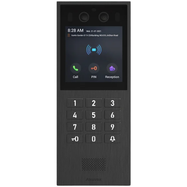 A grey intercom panel from Akuvox, with a physical keypad, dual cameras, and a speaker