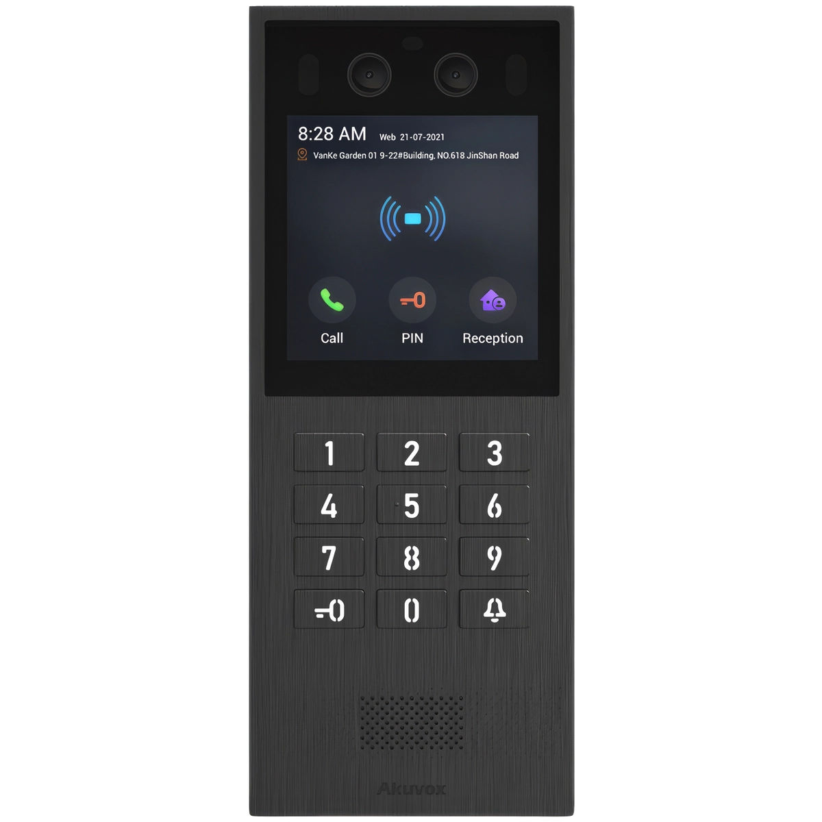A grey intercom panel from Akuvox, with a physical keypad, dual cameras, and a speaker