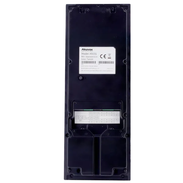 The back of Akuvox's X915 video intercom, showing a serial number, MAC address, and wiring diagram