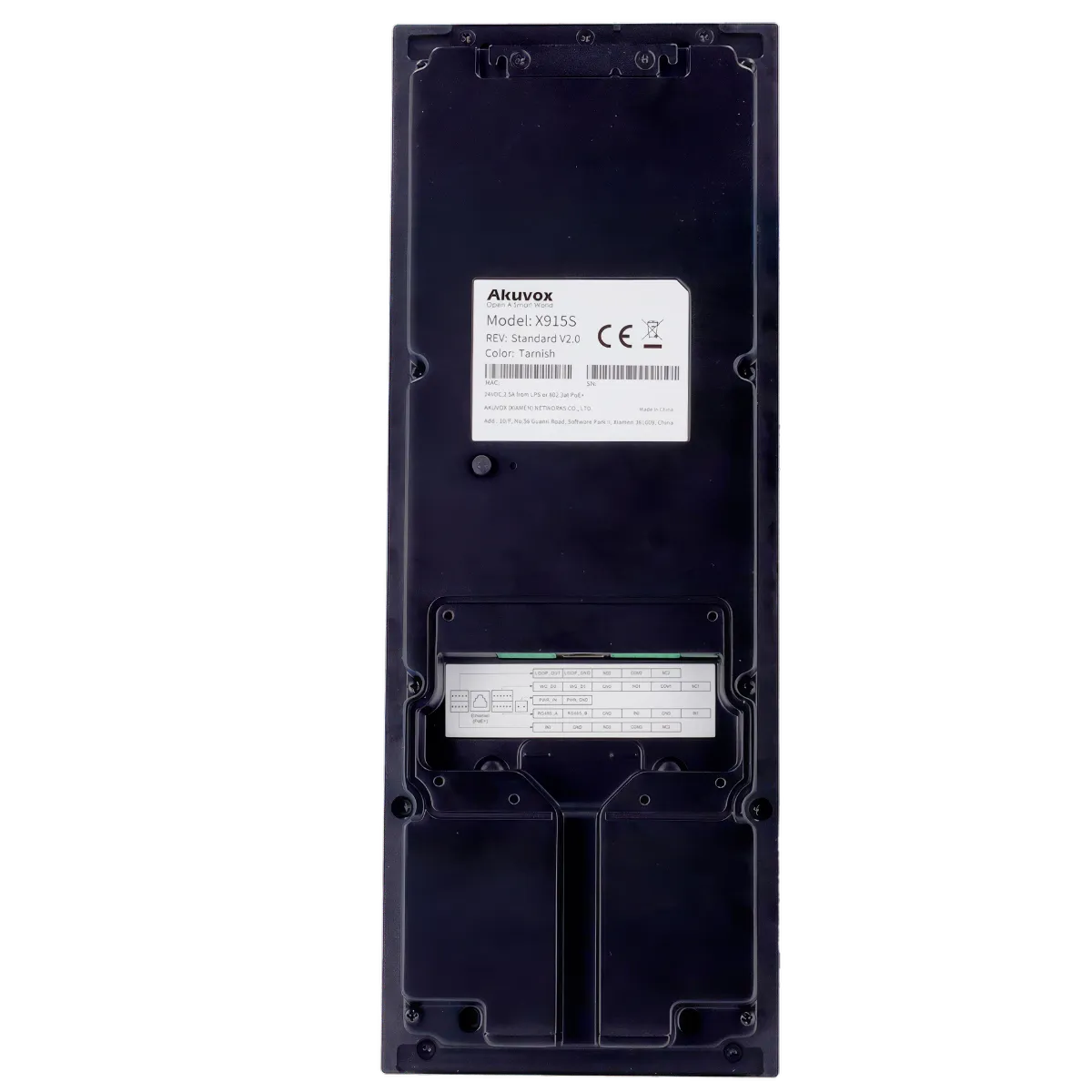 The back of Akuvox's X915 video intercom, showing a serial number, MAC address, and wiring diagram