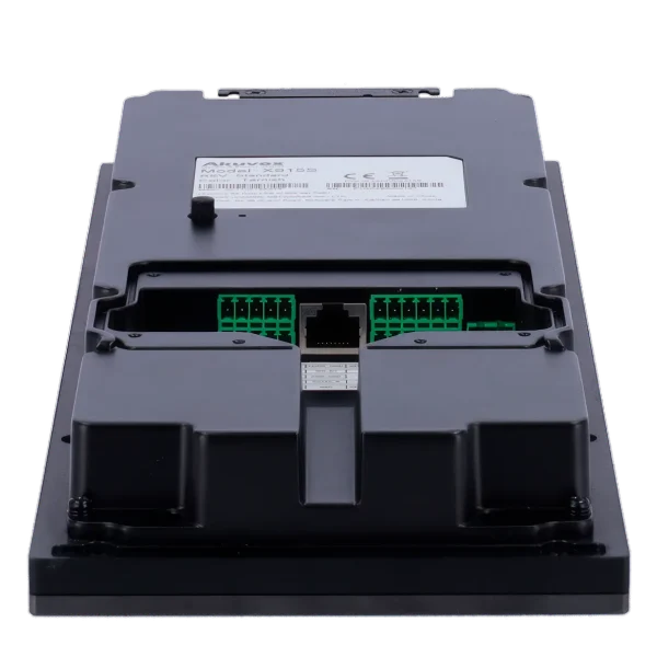 The bottom of Akuvox's X915S video intercom with an Ethernet port in the centre and a wiring terminal on either side