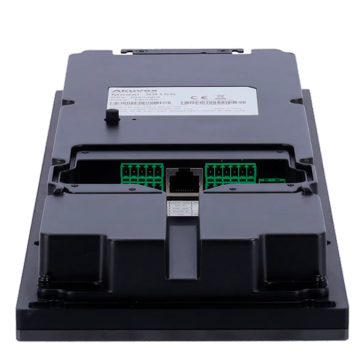 The bottom of Akuvox's X915S video intercom with an Ethernet port in the centre and a wiring terminal on either side