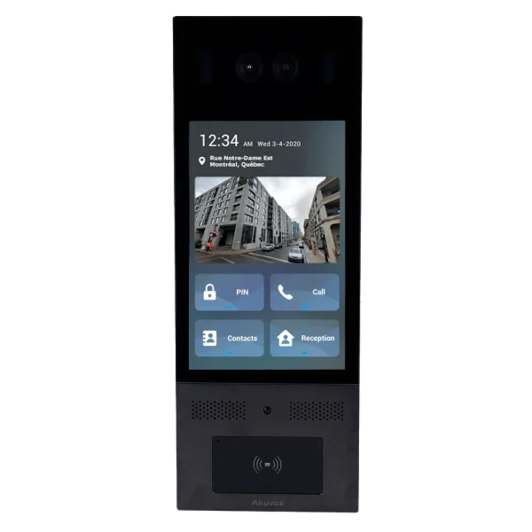 A touch screen video intercom by Akuvox, designed for calling multiple tenants in an apartment or condo building.