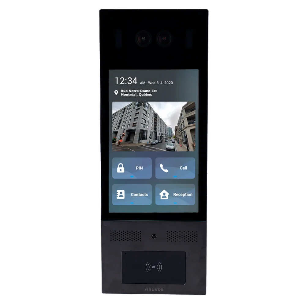 A touch screen video intercom by Akuvox, designed for calling multiple tenants in an apartment or condo building.