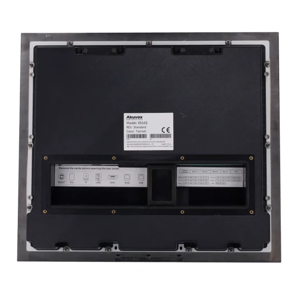 The back of Akuvox's X916S video intercom, with labels showing the MAC address, serial number, and wiring diagram