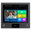 An akuvox video intercom with a 13-inch touchscreen surrounded by a durable stainless steel body