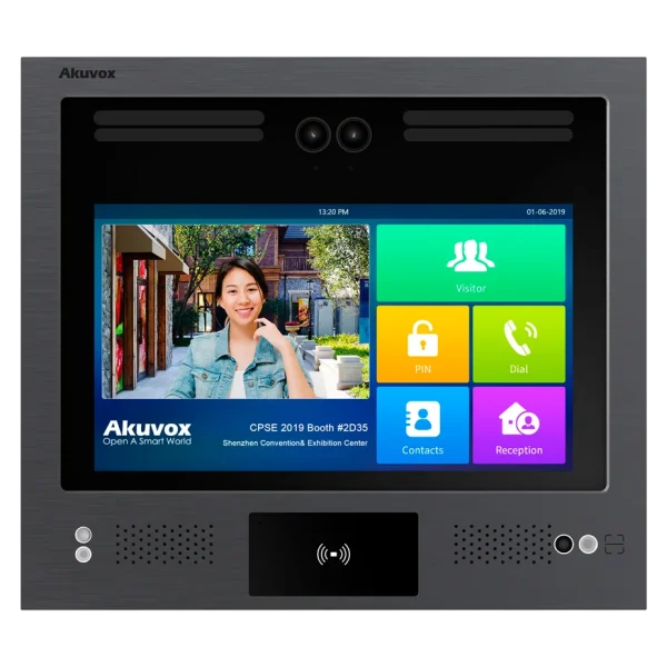 An akuvox video intercom with a 13-inch touchscreen surrounded by a durable stainless steel body