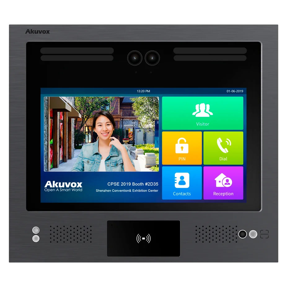 An akuvox video intercom with a 13-inch touchscreen surrounded by a durable stainless steel body